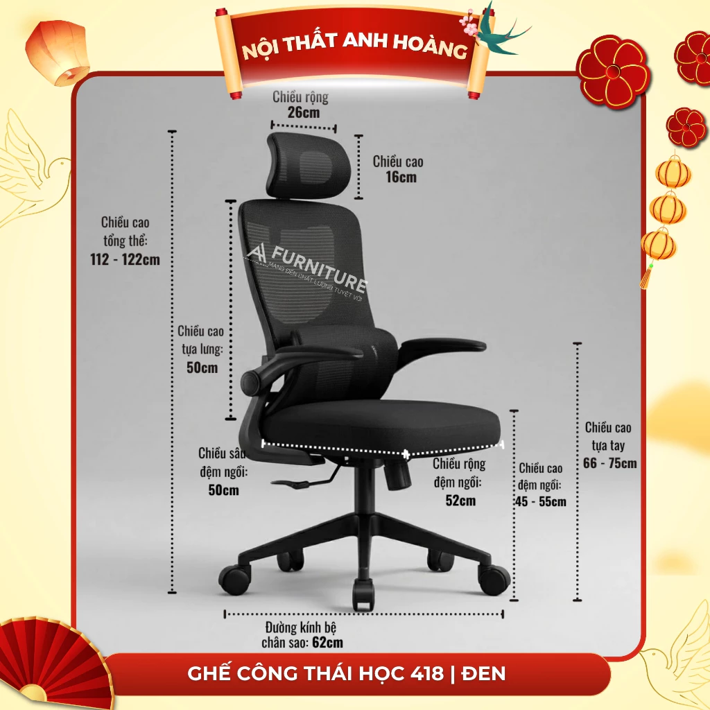 Ghế Công Thái Học 418 – Tựa Đầu, 2 Lưng Đệm Lưới Đỡ Cột Sống, Tay Ghế Điều Chỉnh | Nội Thất Anh Hoàng