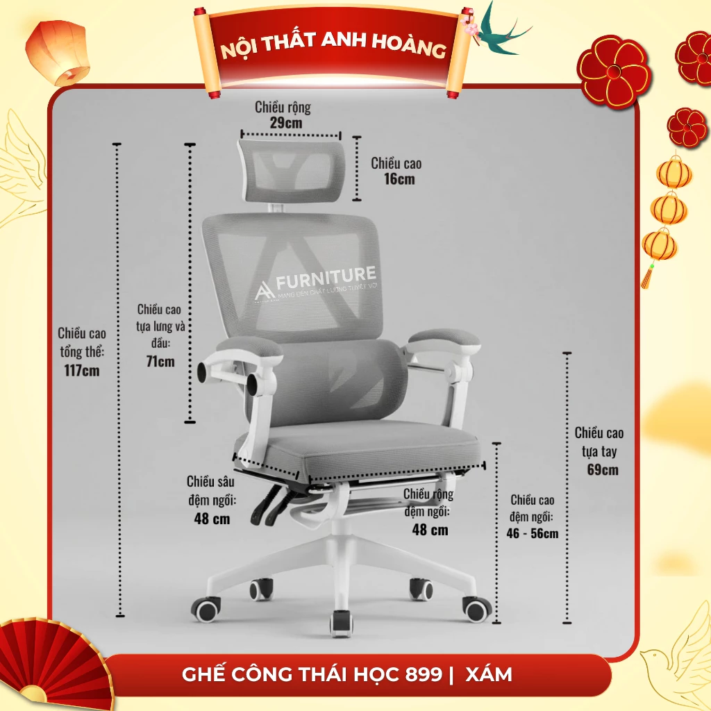 Ghế Xoay Văn Phòng Công Thái Học Cao Cấp Xoay 360 Tựa Chống Mỏi Lưng | 899 Xám | Nội Thất Anh Hoàng