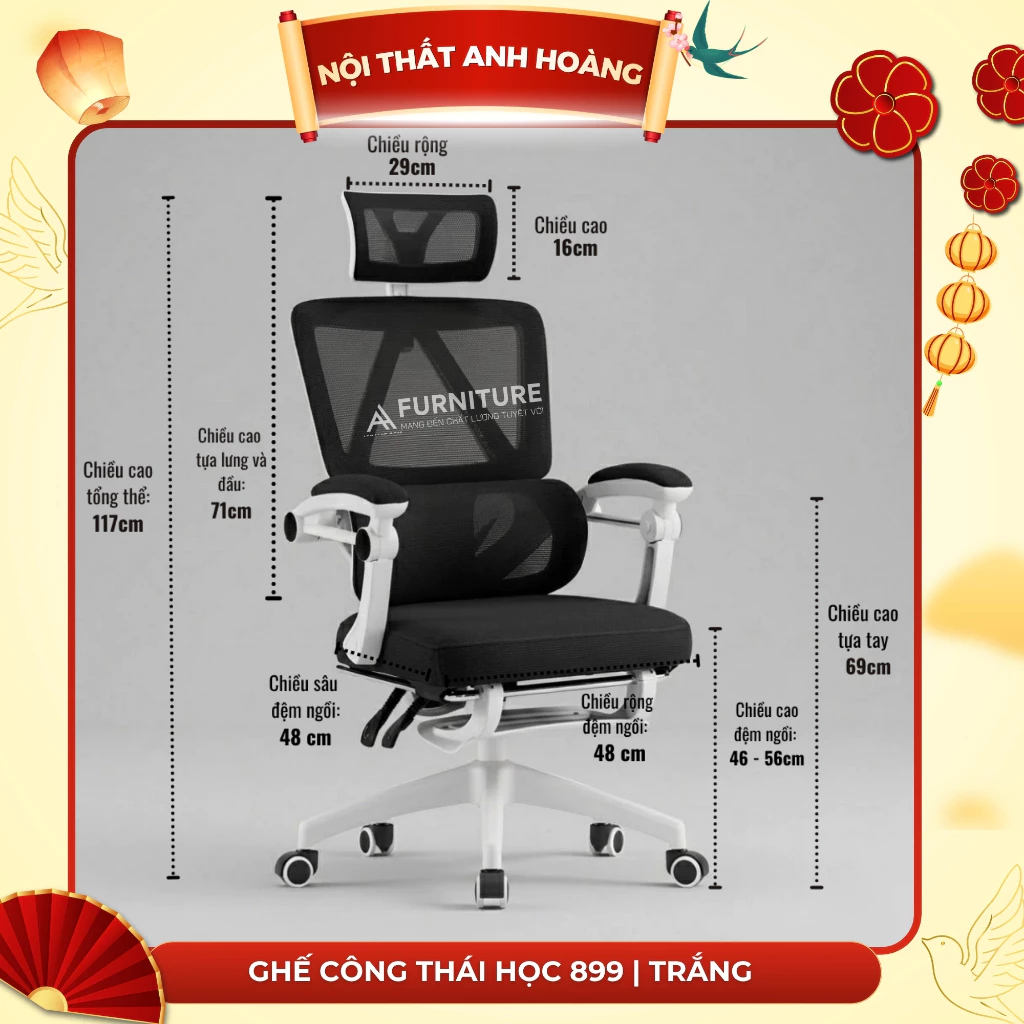 Ghế Xoay Văn Phòng Công Thái Học Cao Cấp Xoay 360 Tựa Chống Mỏi Lưng | 899 Xám | Nội Thất Anh Hoàng