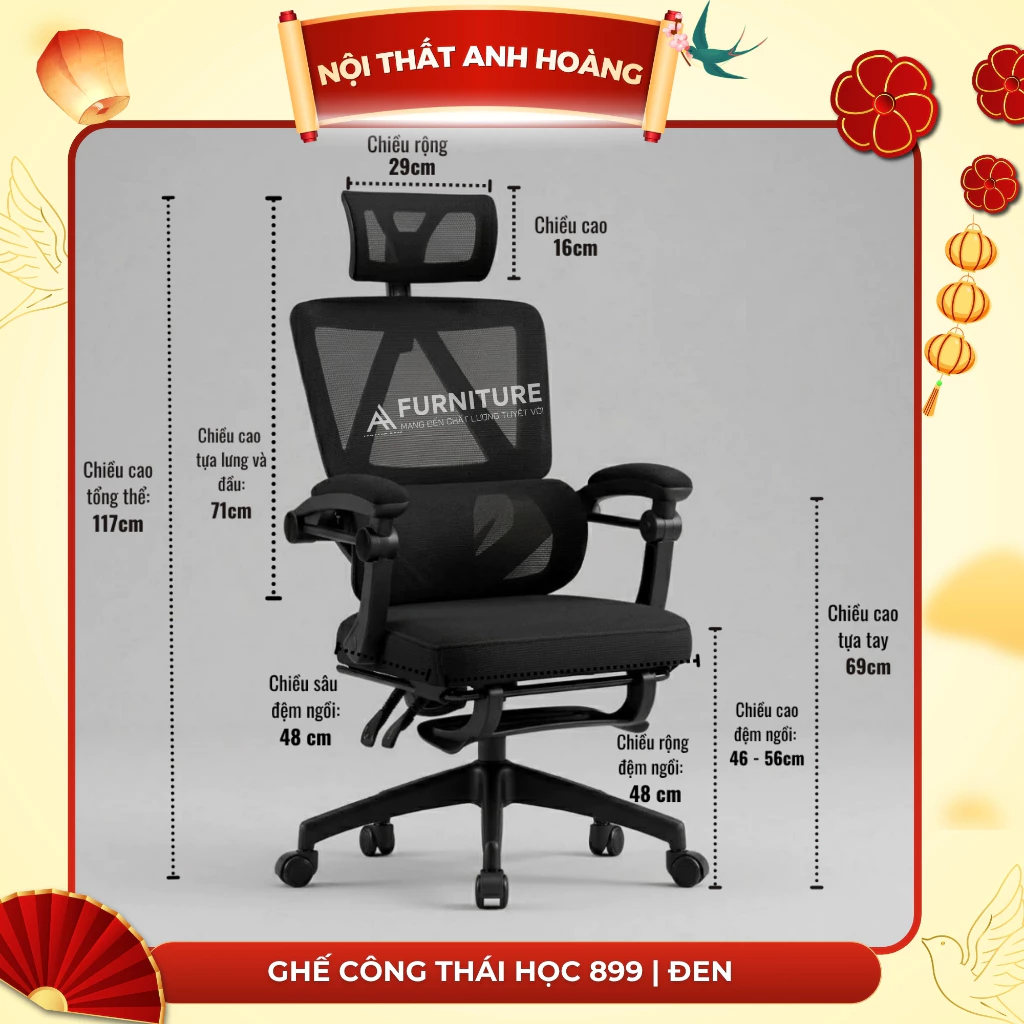 Ghế Xoay Văn Phòng Công Thái Học Cao Cấp Xoay 360 Tựa Chống Mỏi Lưng | TA07 | Nội Thất Anh Hoàng