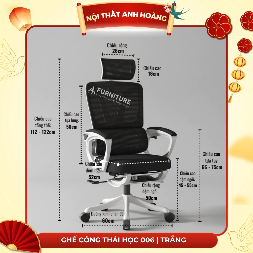 Ghế Xoay Văn Phòng 2 In 1, Ghế Công Thái Học, Ghế Game Tựa Đầu 3d, Lưng Ghế Có Thể Ngả 145° | 006 | Nội Thất Anh Hoàng