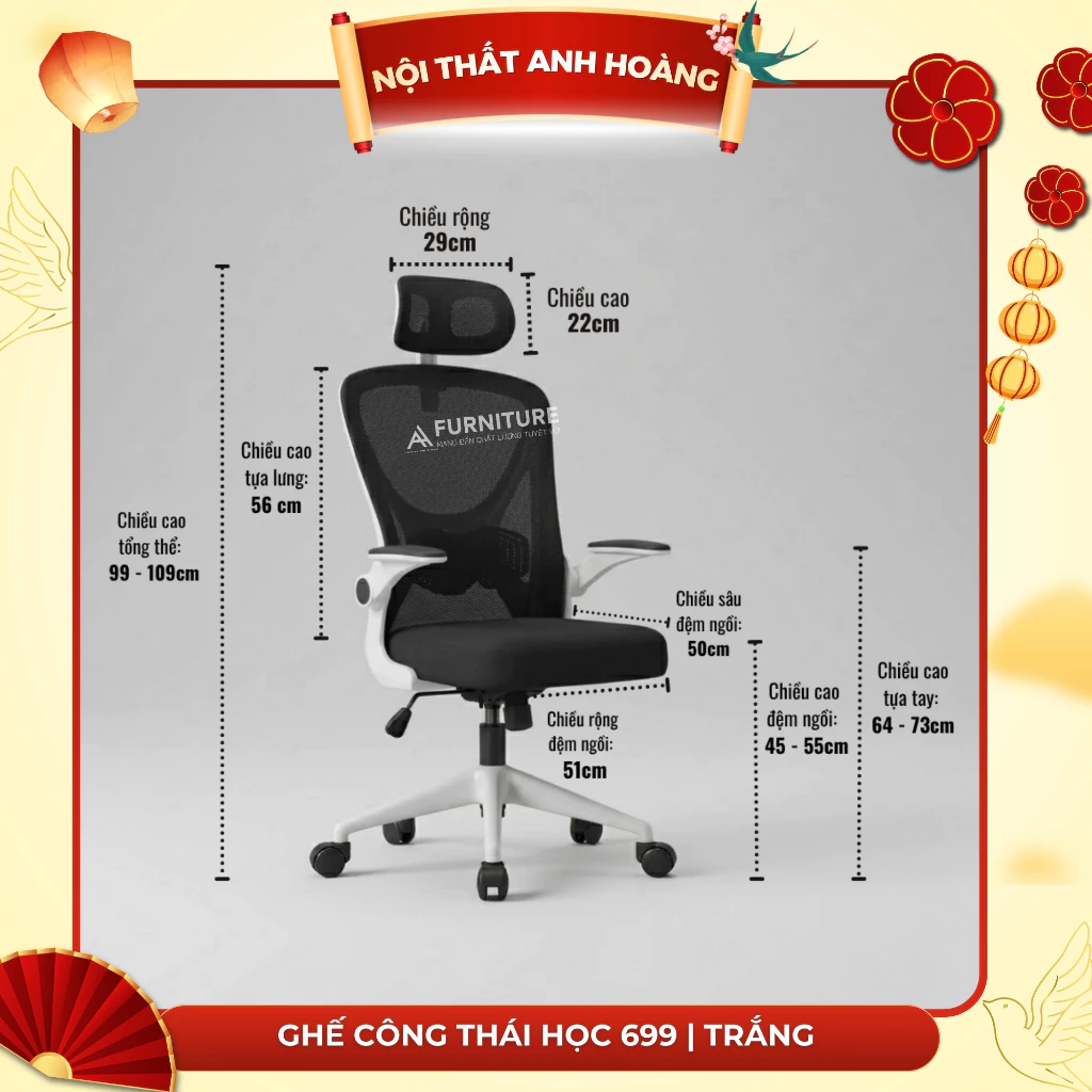 Ghế Văn Phòng Công Thái Học Cao Cấp, Bảo Vệ Cột Sống Lưng, Tựa Đầu 3D Êm Ái | 699 Trắng | Nội Thất Anh Hoàng