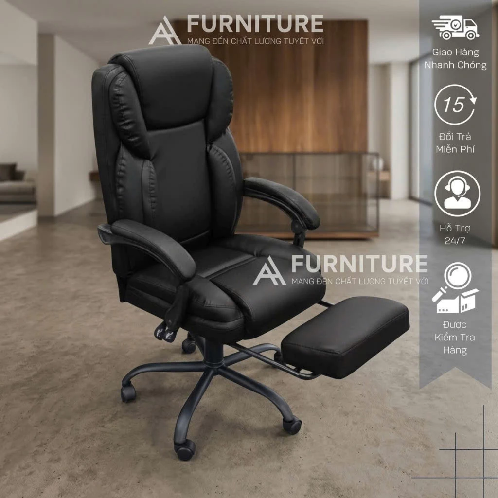 Ghế Giám Đốc Da PU Có Ngả Lưng Thư Giãn Và Đỡ Chân – Tay Bọc Đệm Êm, Kèm Gối Lưng, Khung Chân Kim Loại Chịu Lực 200kg