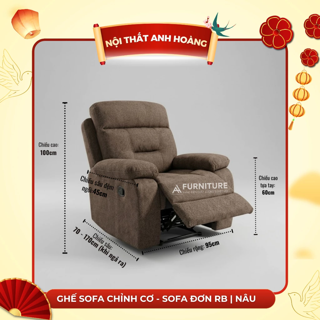 Ghế Sofa Xám Chỉnh Cơ Có Chức Năng Ngả Cao Cấp Chất Vải Nỉ Bố | SOFA ĐƠN RB | Nội Thất Anh Hoàng