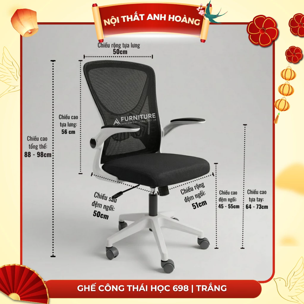 Ghế Xoay Làm Việc Văn Phòng Lưng Lưới Xoay Tròn 360 Độ Cao Cấp, Tay Ghế Tùy Chỉnh | 698 White | Nội Thất Anh Hoàng