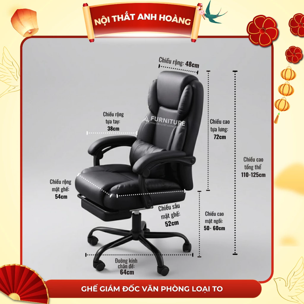 Ghế Giám Đốc Màu Nâu Da PU Có Ngả Lưng Thư Giãn Và Đỡ Chân – Tay Bọc Đệm Êm, Kèm Gối Lưng, Khung Chân Kim Loại Chịu Lực 200kg