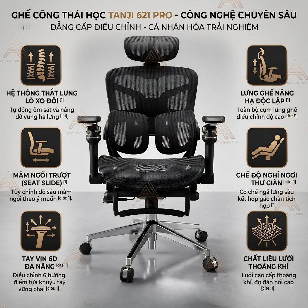 Ghế Văn Phòng Công Thái Học Cao Cấp Tanji 621 Pro Grey - Tựa Lưng 2D, Mâm Trượt, Lưng Nâng Hạ, Tay 6D, Ngả Lưng, Gác Chân