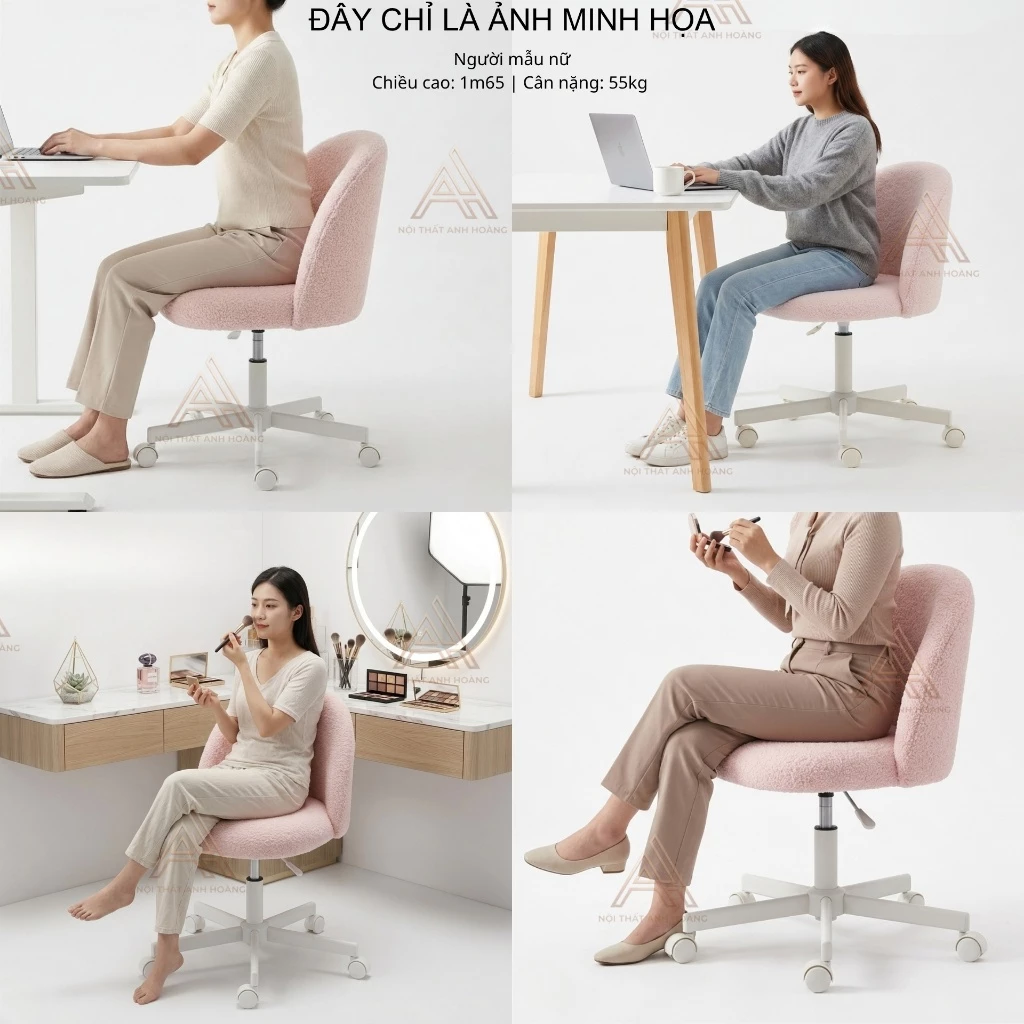 Ghế Trang Điểm Vải Lông Cừu Teddy Purple Hiện Đại Có Tựa Lưng, Ghế Bàn Làm Việc Thiết Kế Không Tay Vịn Dành Cho Nữ | TDY