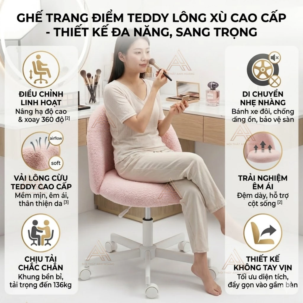 Ghế Trang Điểm Vải Lông Cừu Teddy Purple Hiện Đại Có Tựa Lưng, Ghế Bàn Làm Việc Thiết Kế Không Tay Vịn Dành Cho Nữ | TDY
