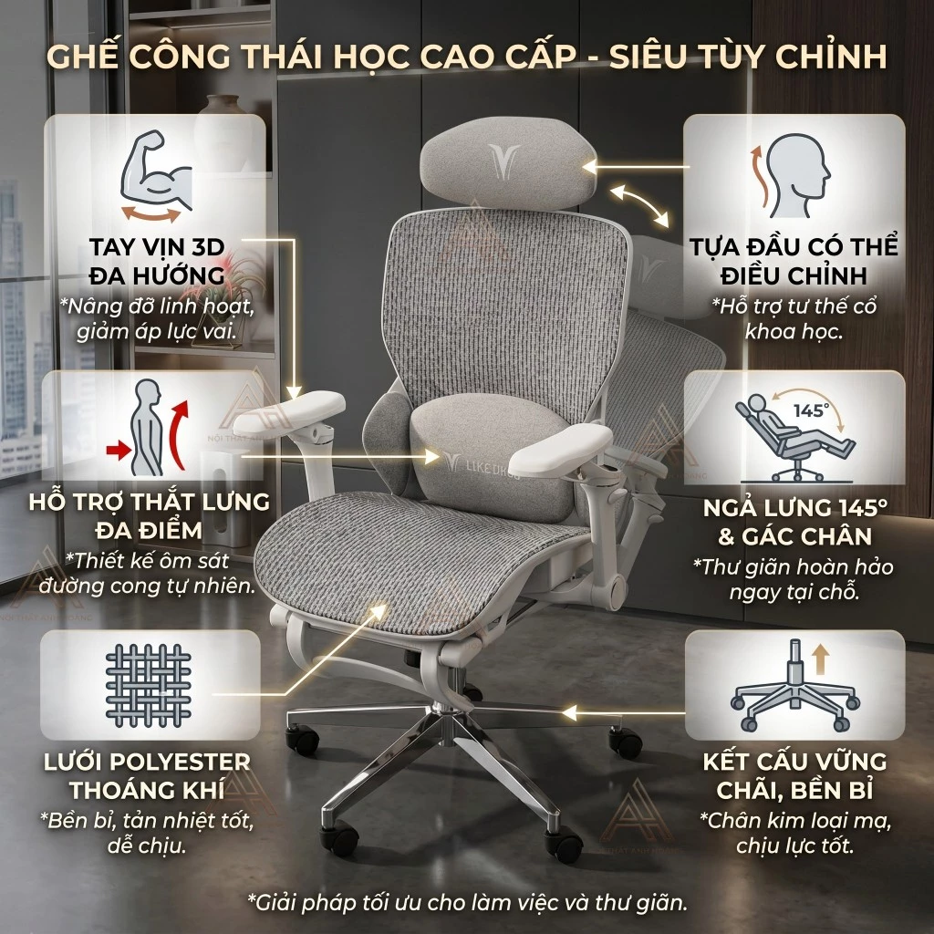 Ghế Công Thái Học Hiệu Chỉnh Toàn Năng - Ghế Công Thái Học Điều Chỉnh Nhiều Chế Độ Cao Cấp | E16 Black | Nội Thất Anh Hoàng