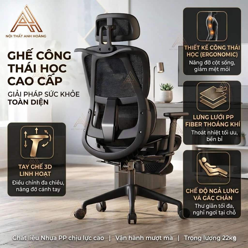 Ghế Xoay Công Thái Học – Ghế Ngồi Học Tập & Làm Việc Siêu Tiện Ích | Mã 919 Grey | Nội Thất Anh Hoàng