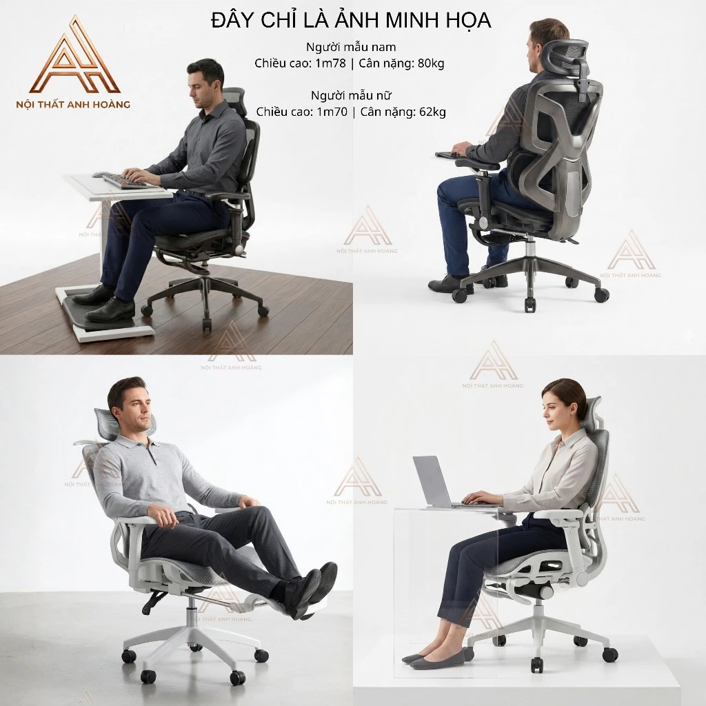 Ghế Công Thái Học E18 Grey Có Gác Chân - Ghế Xoay Văn Phòng Lưng Lưới Ngả 145 Độ Chống Đau Lưng