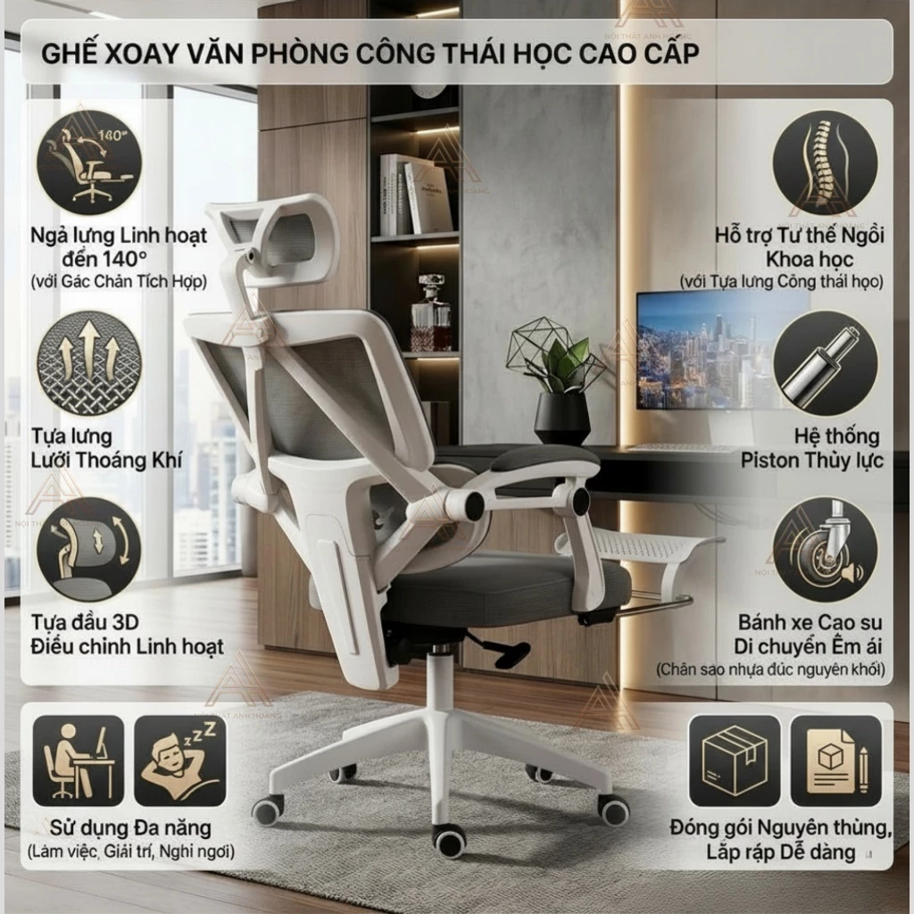 Ghế Xoay Văn Phòng Công Thái Học Cao Cấp Xoay 360 Tựa Chống Mỏi Lưng | 899 Trắng | Nội Thất Anh Hoàng