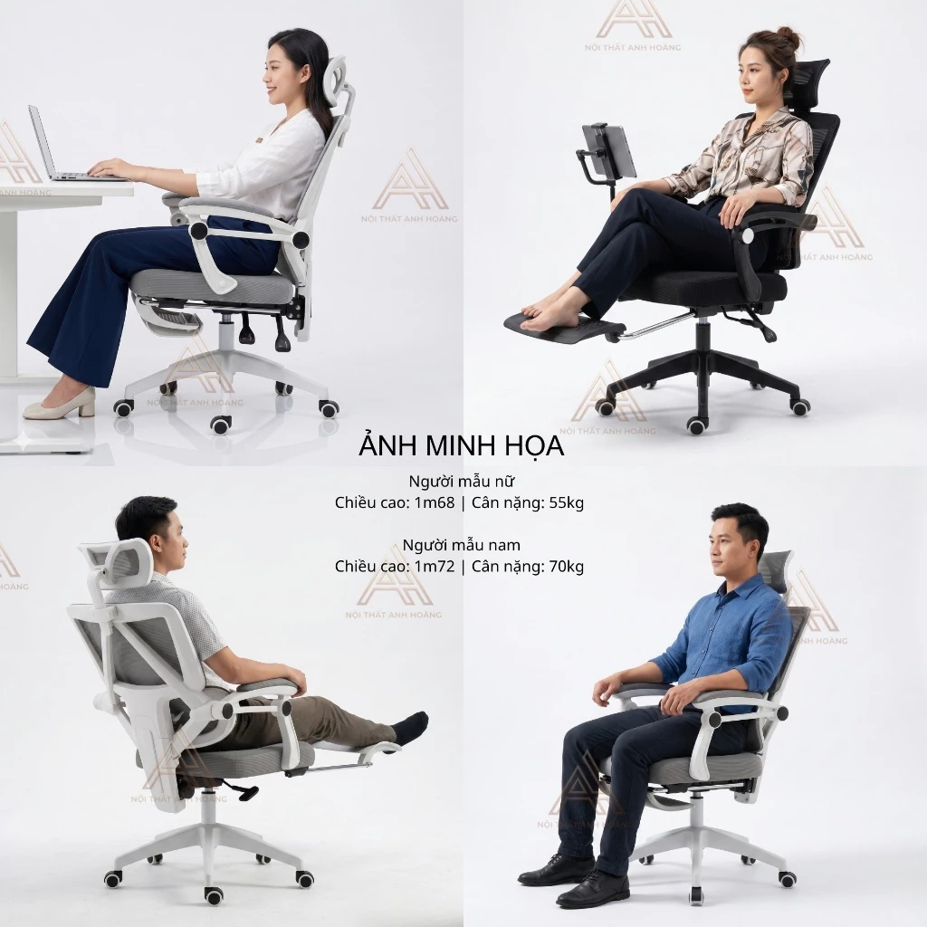 Ghế Xoay Văn Phòng Công Thái Học Cao Cấp Xoay 360 Tựa Chống Mỏi Lưng | 899 Trắng | Nội Thất Anh Hoàng