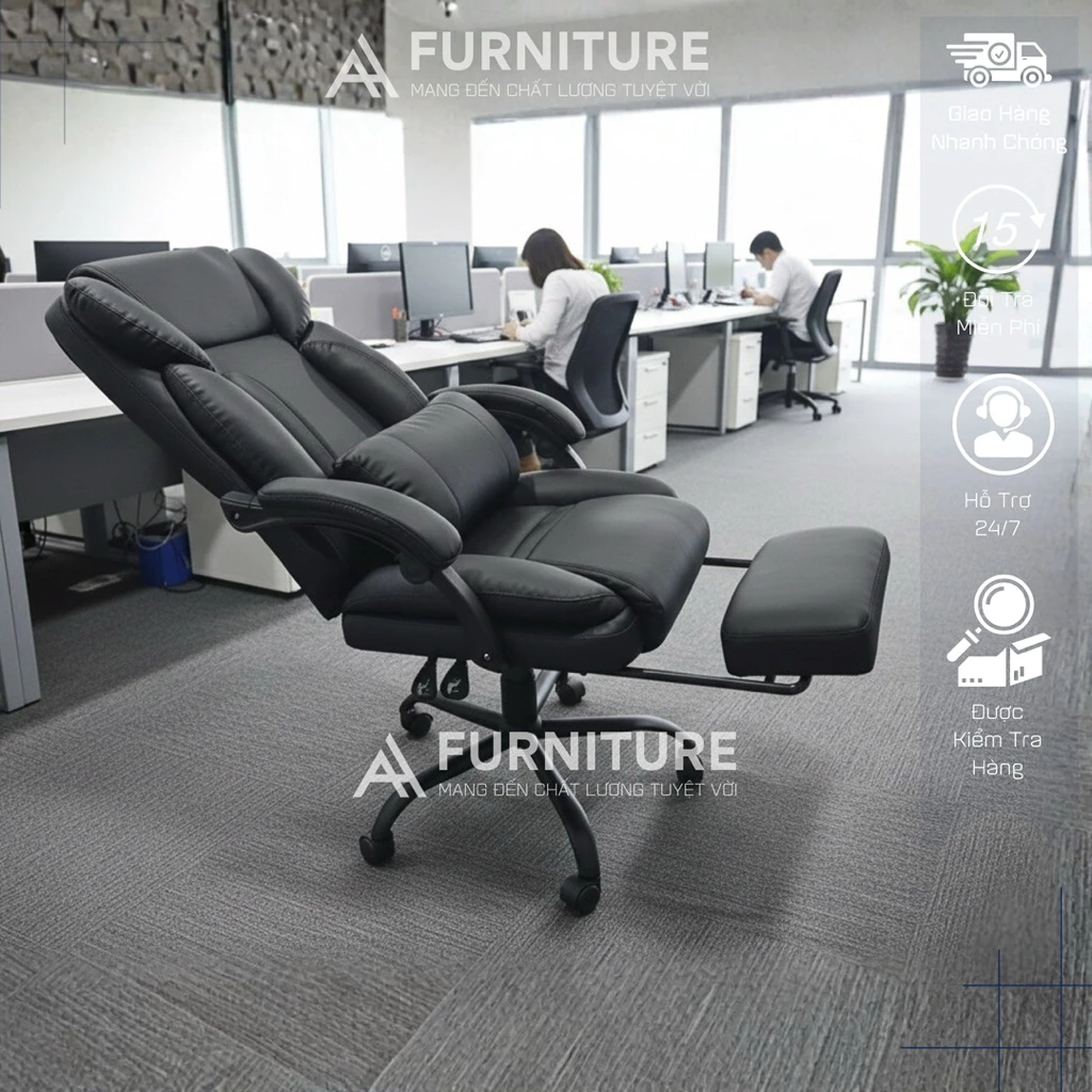 Ghế Giám Đốc Da PU Có Ngả Lưng Thư Giãn Và Đỡ Chân – Tay Bọc Đệm Êm, Kèm Gối Lưng, Khung Chân Kim Loại Chịu Lực 200kg