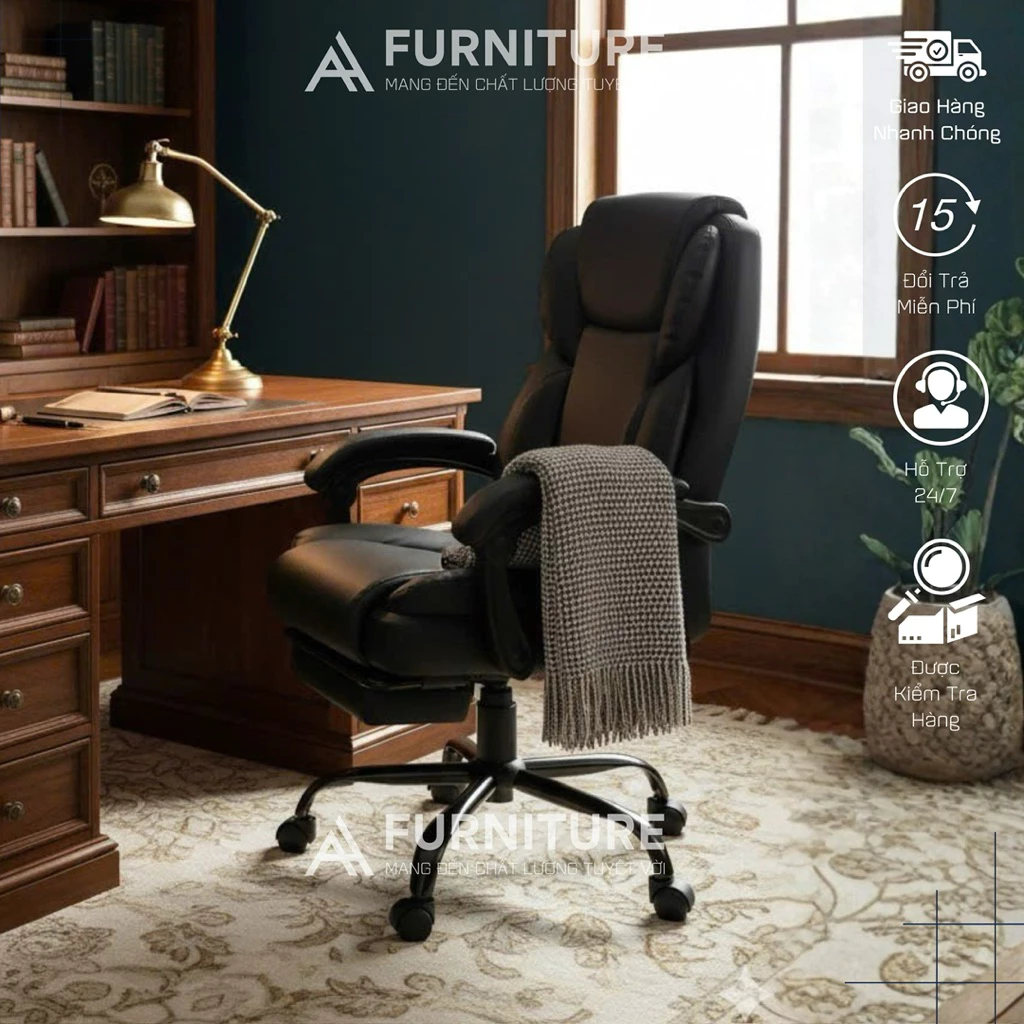 Ghế Giám Đốc Da PU Có Ngả Lưng Thư Giãn Và Đỡ Chân – Tay Bọc Đệm Êm, Kèm Gối Lưng, Khung Chân Kim Loại Chịu Lực 200kg