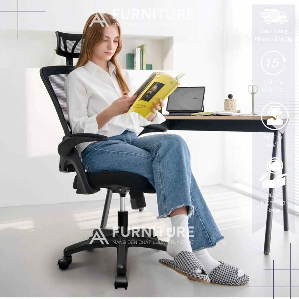 Ghế Công Thái Học DBS-H Beige– Tựa Đầu, Lưng Lưới Đỡ Cột Sống, Tay Ghế Điều Chỉnh | Nội Thất Anh Hoàng