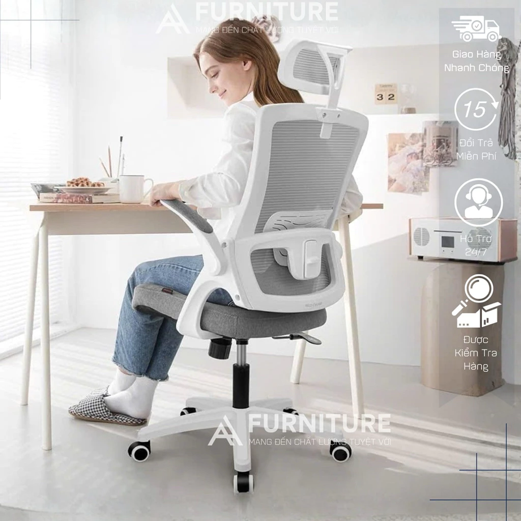 Ghế Công Thái Học DBS-H Beige– Tựa Đầu, Lưng Lưới Đỡ Cột Sống, Tay Ghế Điều Chỉnh | Nội Thất Anh Hoàng