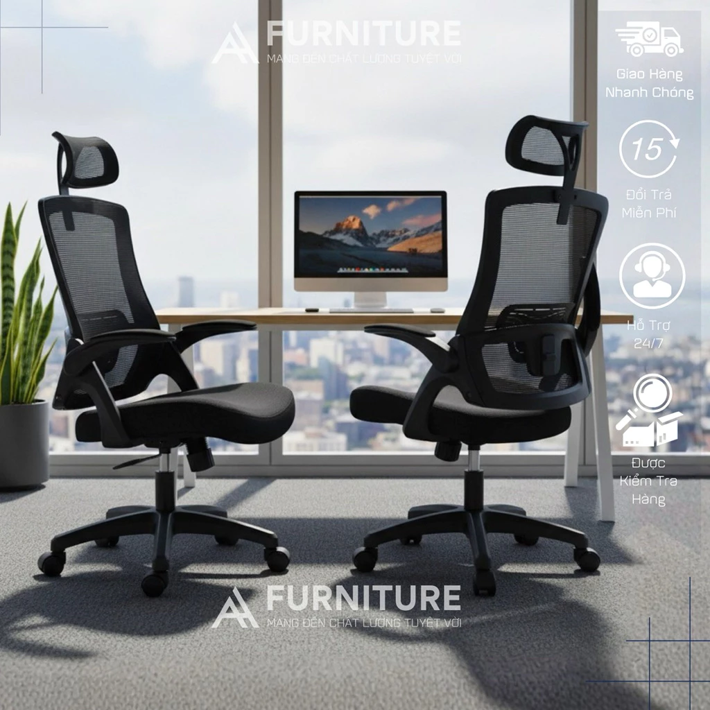 Ghế Công Thái Học AH555 – Tựa Đầu, Lưng Lưới Đỡ Cột Sống, Tay Ghế Điều Chỉnh | Nội Thất Anh Hoàng