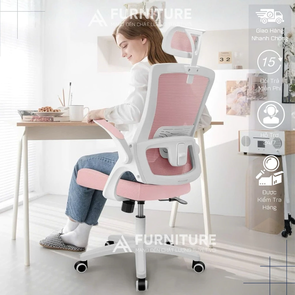 Ghế Công Thái Học AH555 – Tựa Đầu, Lưng Lưới Đỡ Cột Sống, Tay Ghế Điều Chỉnh | Nội Thất Anh Hoàng