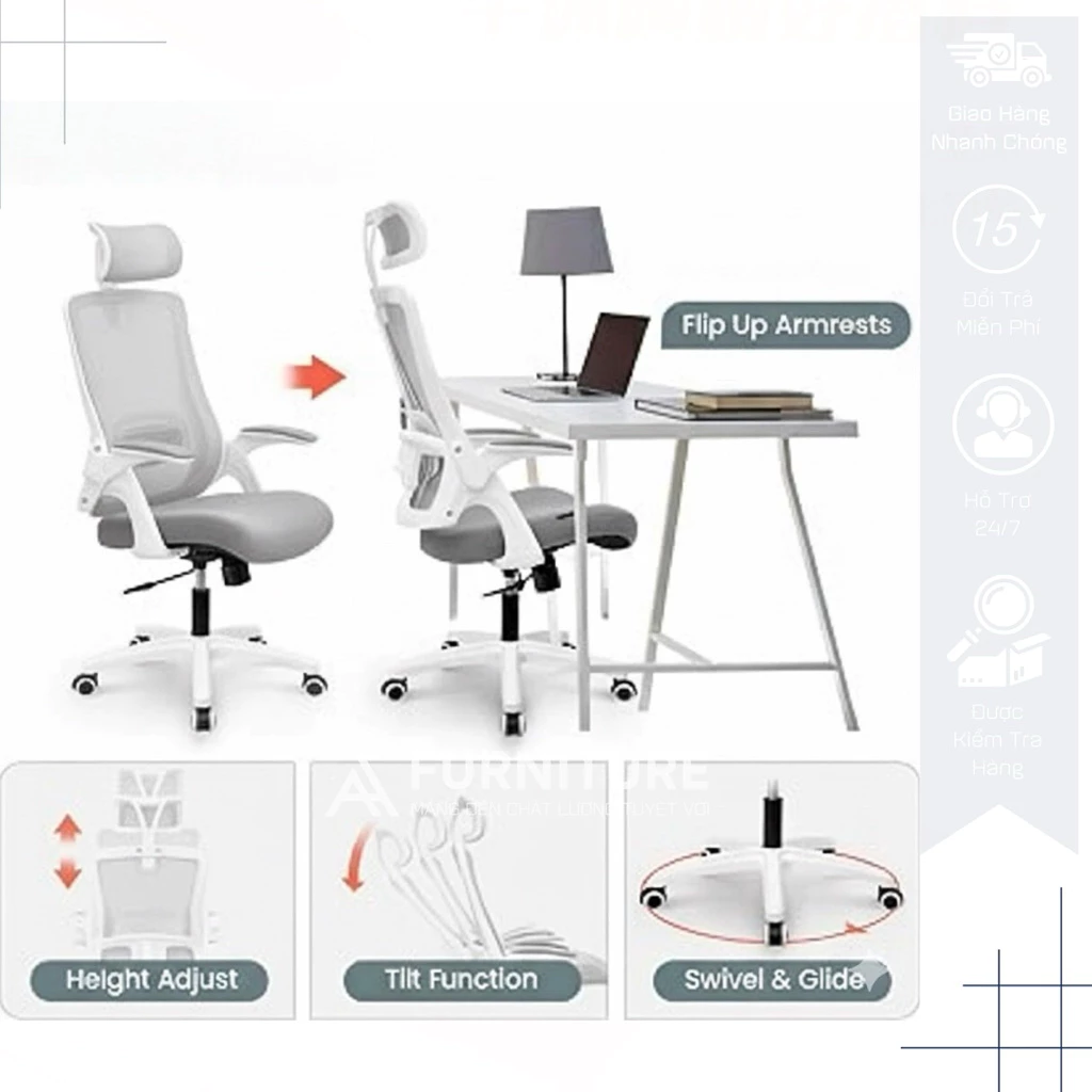 Ghế Công Thái Học AH555 – Tựa Đầu, Lưng Lưới Đỡ Cột Sống, Tay Ghế Điều Chỉnh | Nội Thất Anh Hoàng