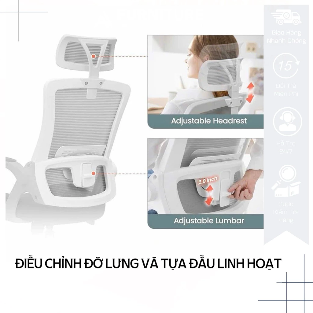 Ghế Công Thái Học DBS-H Beige– Tựa Đầu, Lưng Lưới Đỡ Cột Sống, Tay Ghế Điều Chỉnh | Nội Thất Anh Hoàng