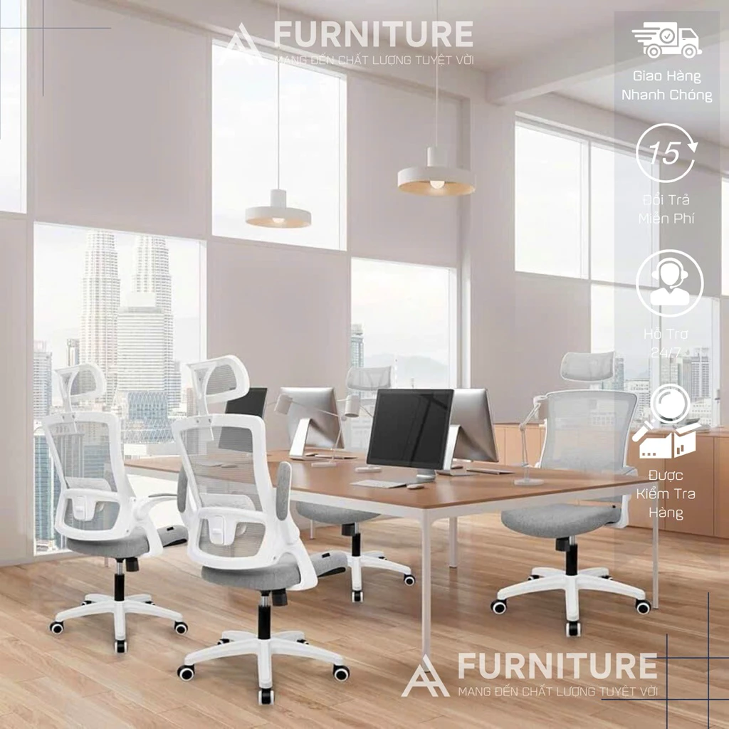 Ghế Công Thái Học AH555 – Tựa Đầu, Lưng Lưới Đỡ Cột Sống, Tay Ghế Điều Chỉnh | Nội Thất Anh Hoàng