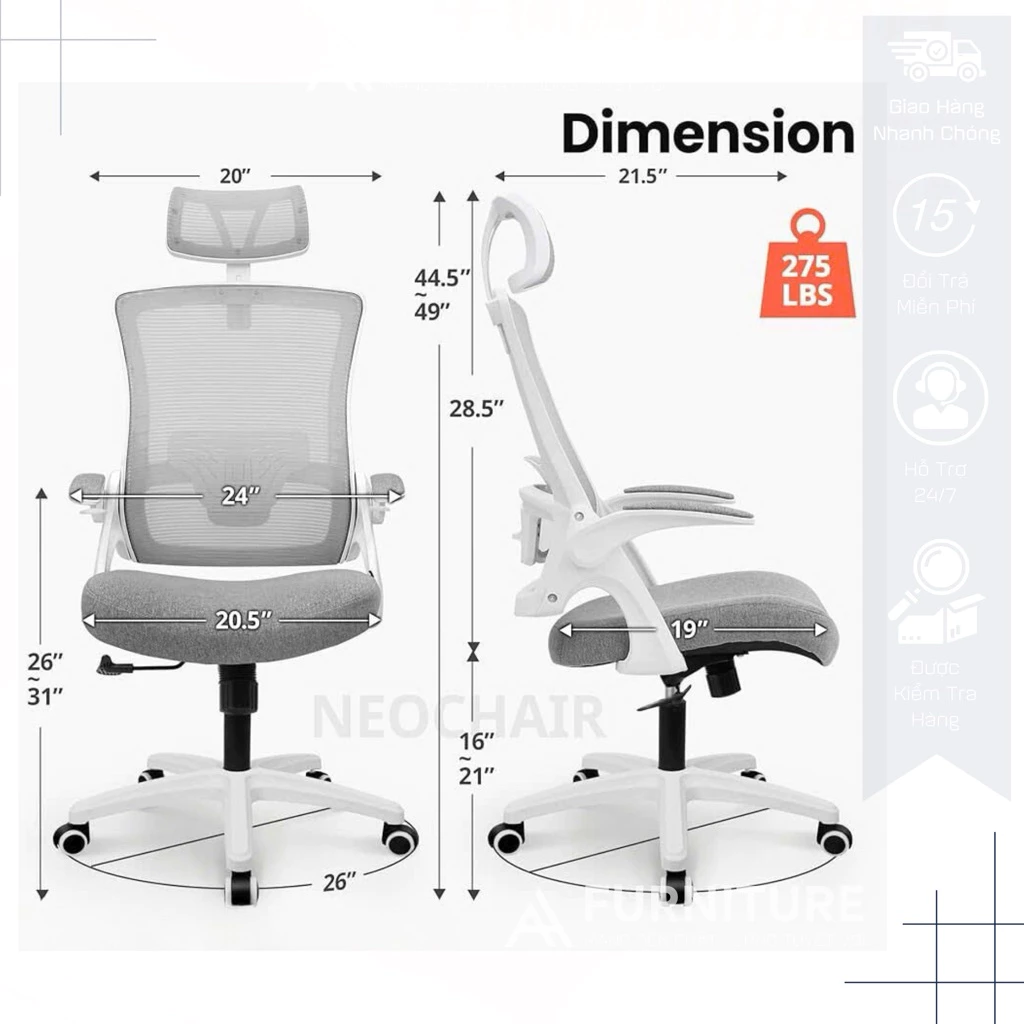 Ghế Công Thái Học AH555 – Tựa Đầu, Lưng Lưới Đỡ Cột Sống, Tay Ghế Điều Chỉnh | Nội Thất Anh Hoàng