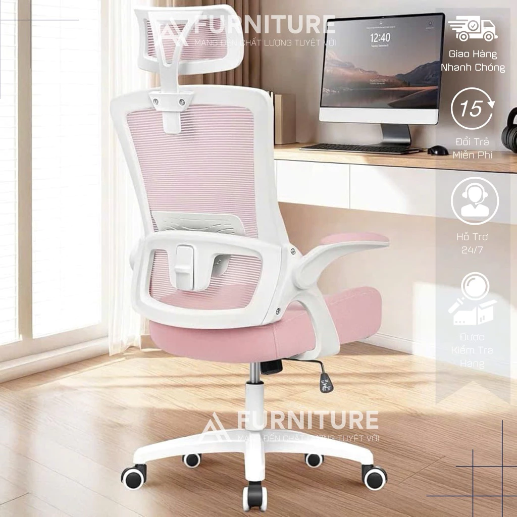 Ghế Công Thái Học AH555 – Tựa Đầu, Lưng Lưới Đỡ Cột Sống, Tay Ghế Điều Chỉnh | Nội Thất Anh Hoàng