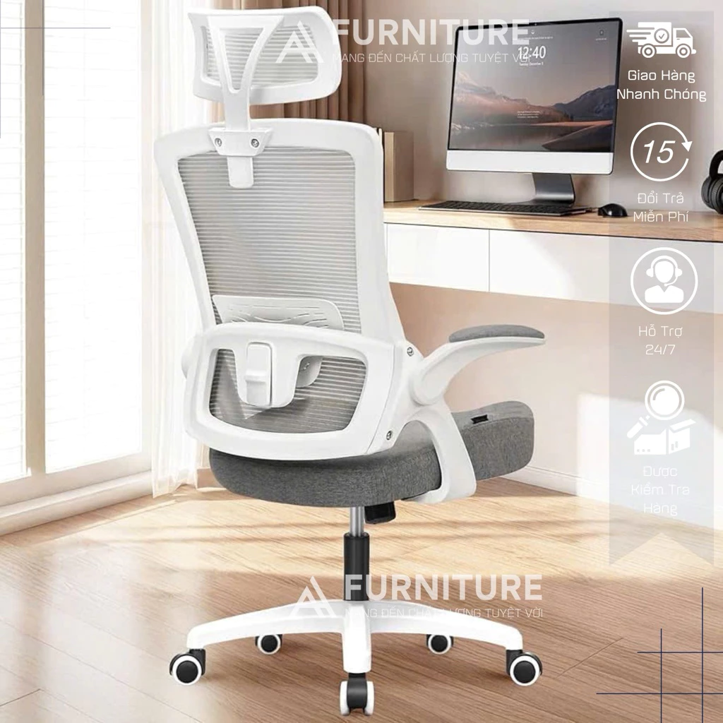 Ghế Công Thái Học DBS-H Beige– Tựa Đầu, Lưng Lưới Đỡ Cột Sống, Tay Ghế Điều Chỉnh | Nội Thất Anh Hoàng