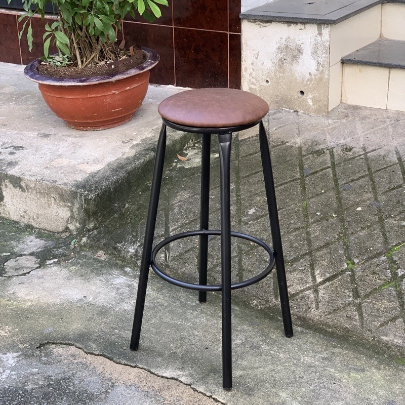 Ghế quầy bar cao 75cm màu gỗ tự nhiên, không tựa màu nệm nâu