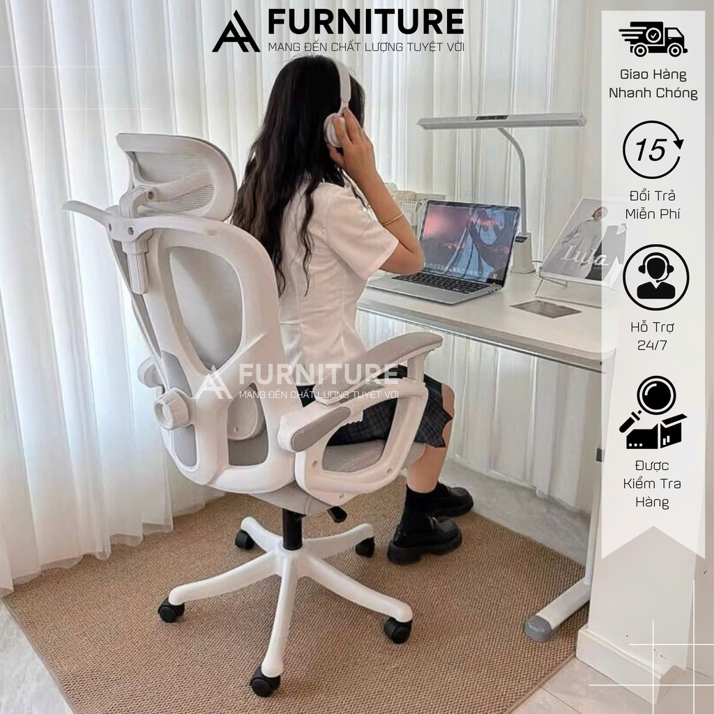 Ghế Xoay Văn Phòng Công Thái Học – Ngả Lưng, Gác Chân, Tựa Đầu Êm Ái | K02 Trắng | Nội Thất Anh Hoàng