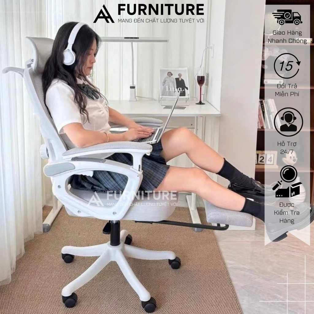 Ghế Xoay Văn Phòng Công Thái Học – Ngả Lưng, Gác Chân, Tựa Đầu Êm Ái | K02 Trắng | Nội Thất Anh Hoàng