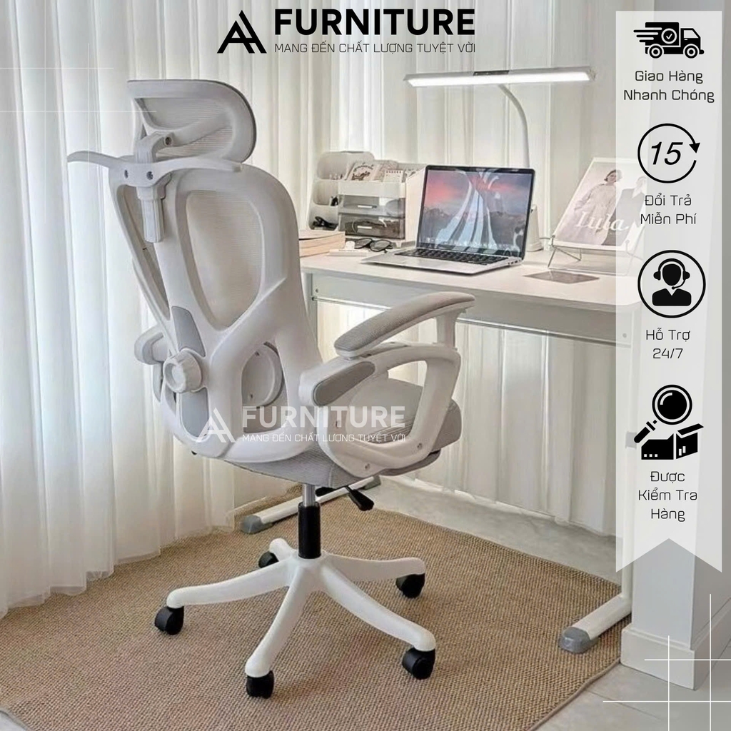 Ghế Xoay Văn Phòng Công Thái Học – Ngả Lưng, Gác Chân, Tựa Đầu Êm Ái | K02 Trắng | Nội Thất Anh Hoàng