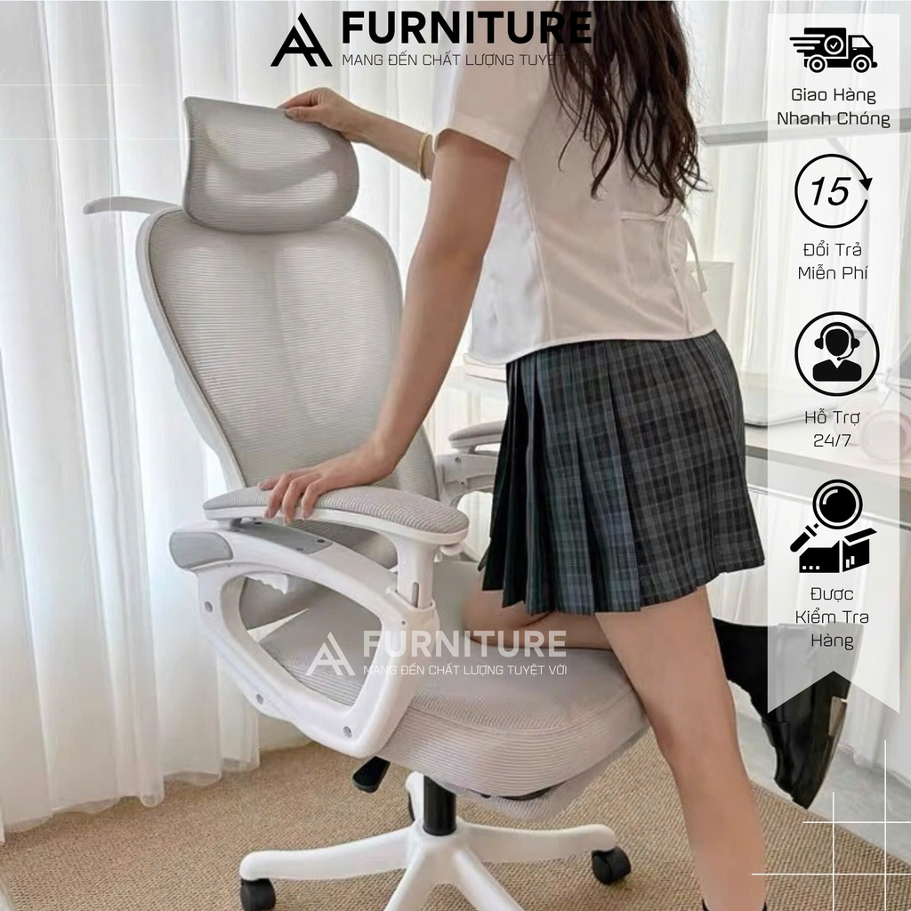 Ghế Xoay Văn Phòng Công Thái Học – Ngả Lưng, Gác Chân, Tựa Đầu Êm Ái | K02 Trắng | Nội Thất Anh Hoàng