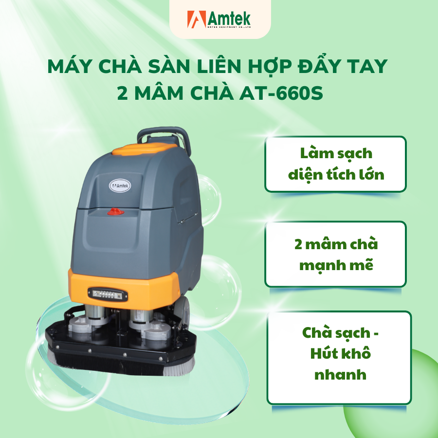 Máy chà sàn liên hợp đẩy tay 2 mâm chà, Điện áp 24V, Công suất 1400W, AT-660S