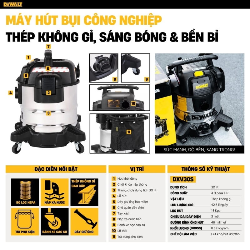 Máy hút bụi công nghiệp 3 chức năng Dewalt DXV30S