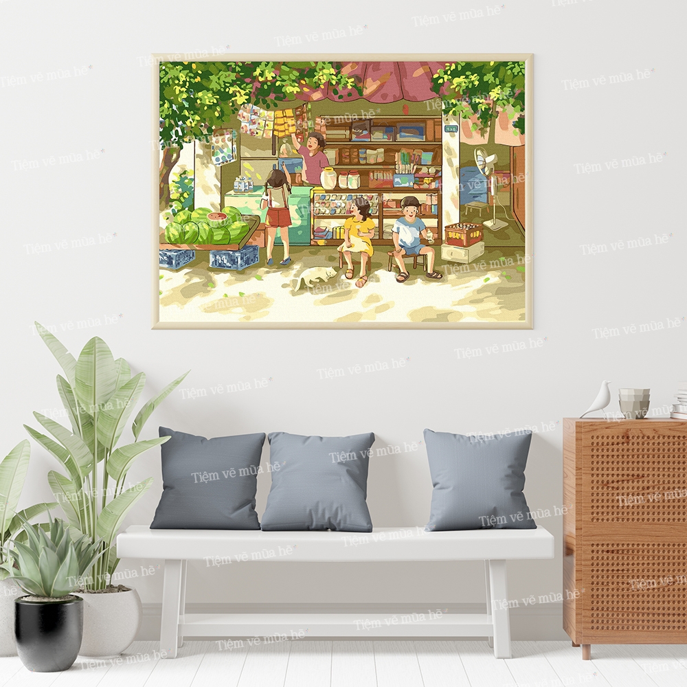 Tranh số hóa Tiệm tạp hóa tuổi thơ đã căng khung 40x50cm