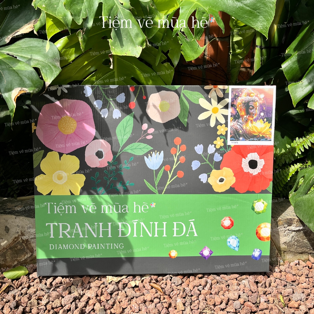 Tranh đính đá Phổ Hiền bồ tát cưỡi voi đã căng khung 40x50cm có backboard