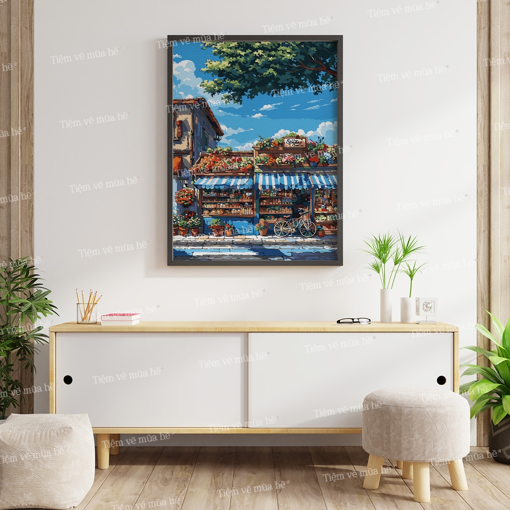 Tranh số hóa Cửa hàng hoa đã căng khung 40x50cm