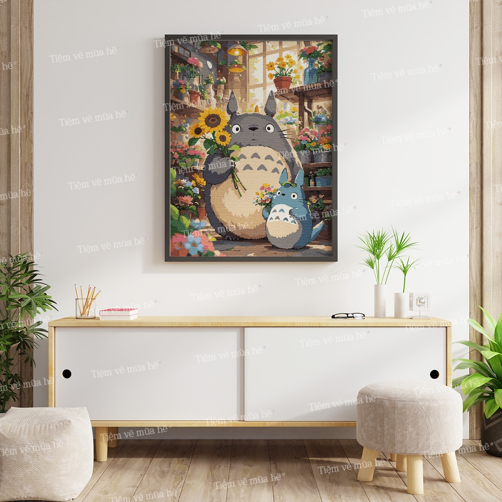 Tranh số hóa Totoro và cửa hàng hoa đã căng khung 40x50cm