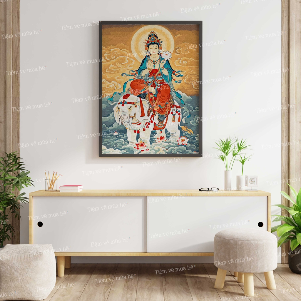 Tranh số hóa Phổ Hiền bồ tát cưỡi voi đã căng khung 40x50cm