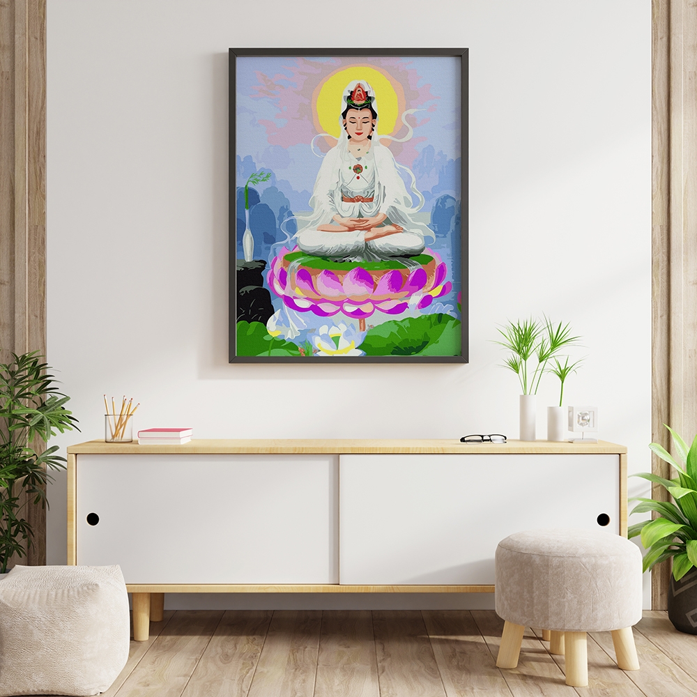 Tranh số hóa Quan âm ngự đài sen đã căng khung 40x50cm