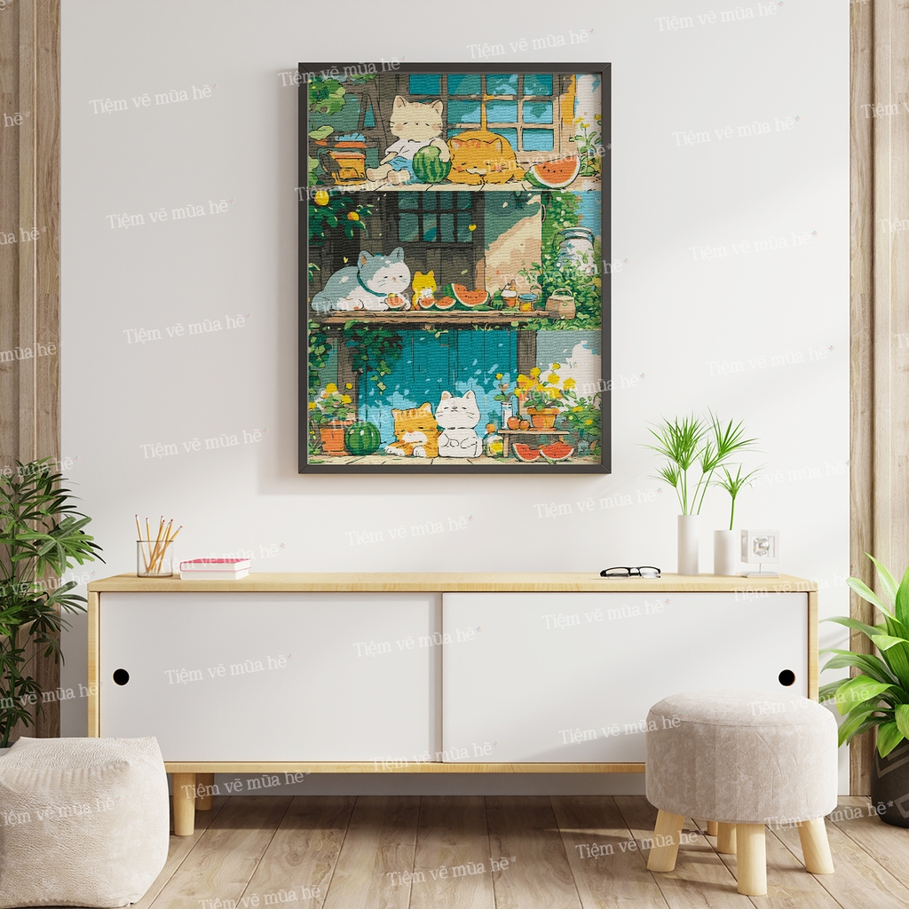 Tranh số hóa Mèo dưa hấu đã căng khung 40x50cm