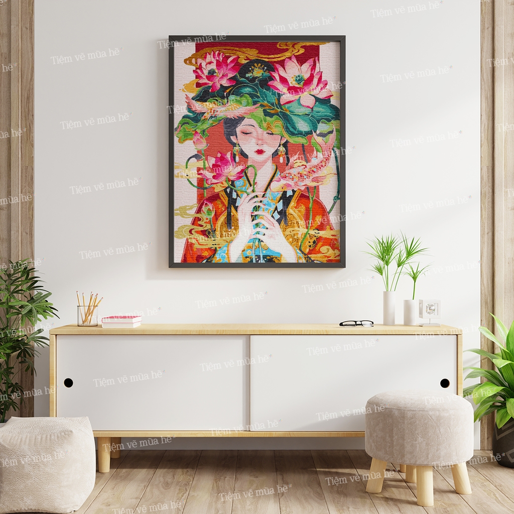 Tranh số hóa Vũ Điệu Sen Hồng đã căng khung 40x50cm