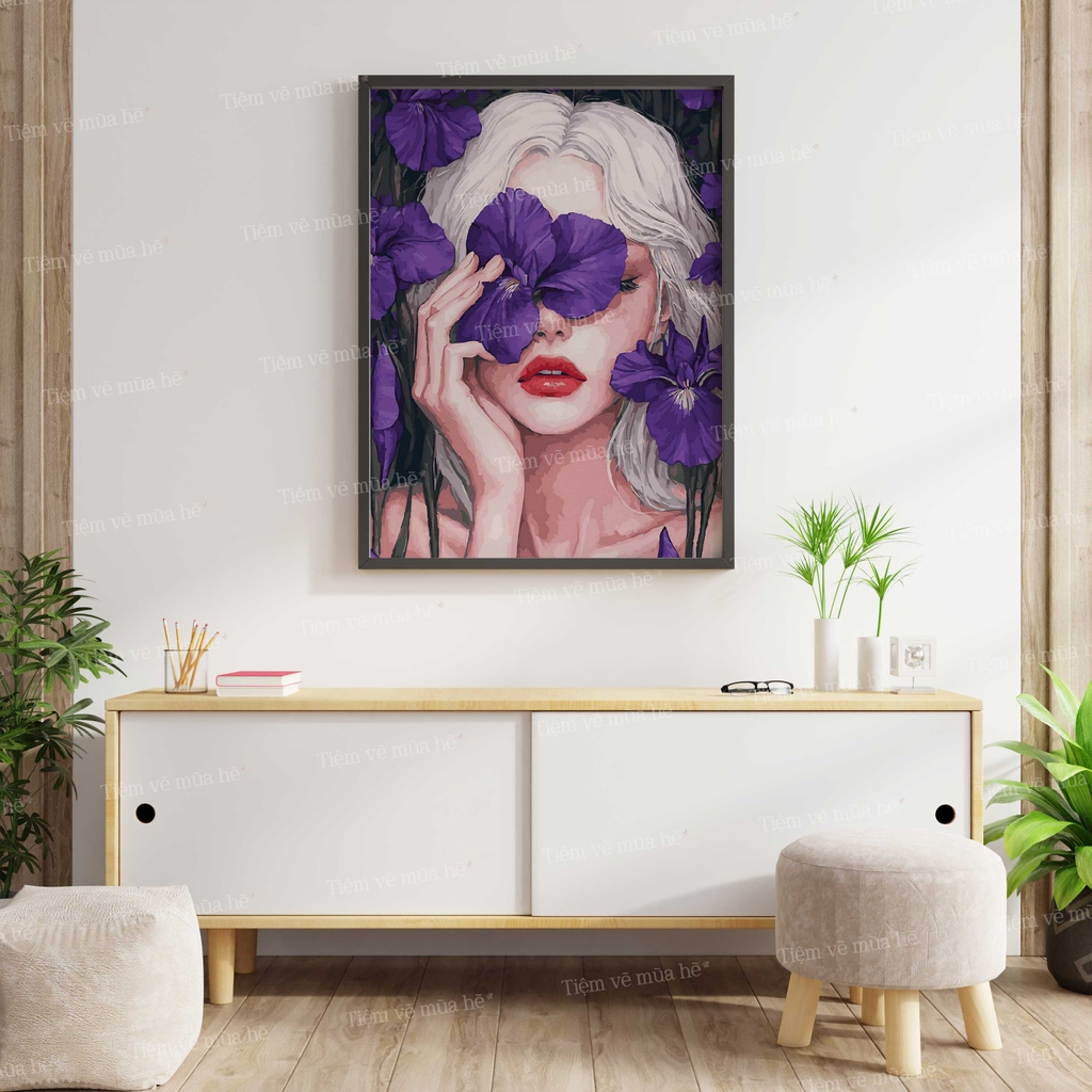 Tranh số hóa Cô gái hoa diên vĩ đã căng khung 40x50cm