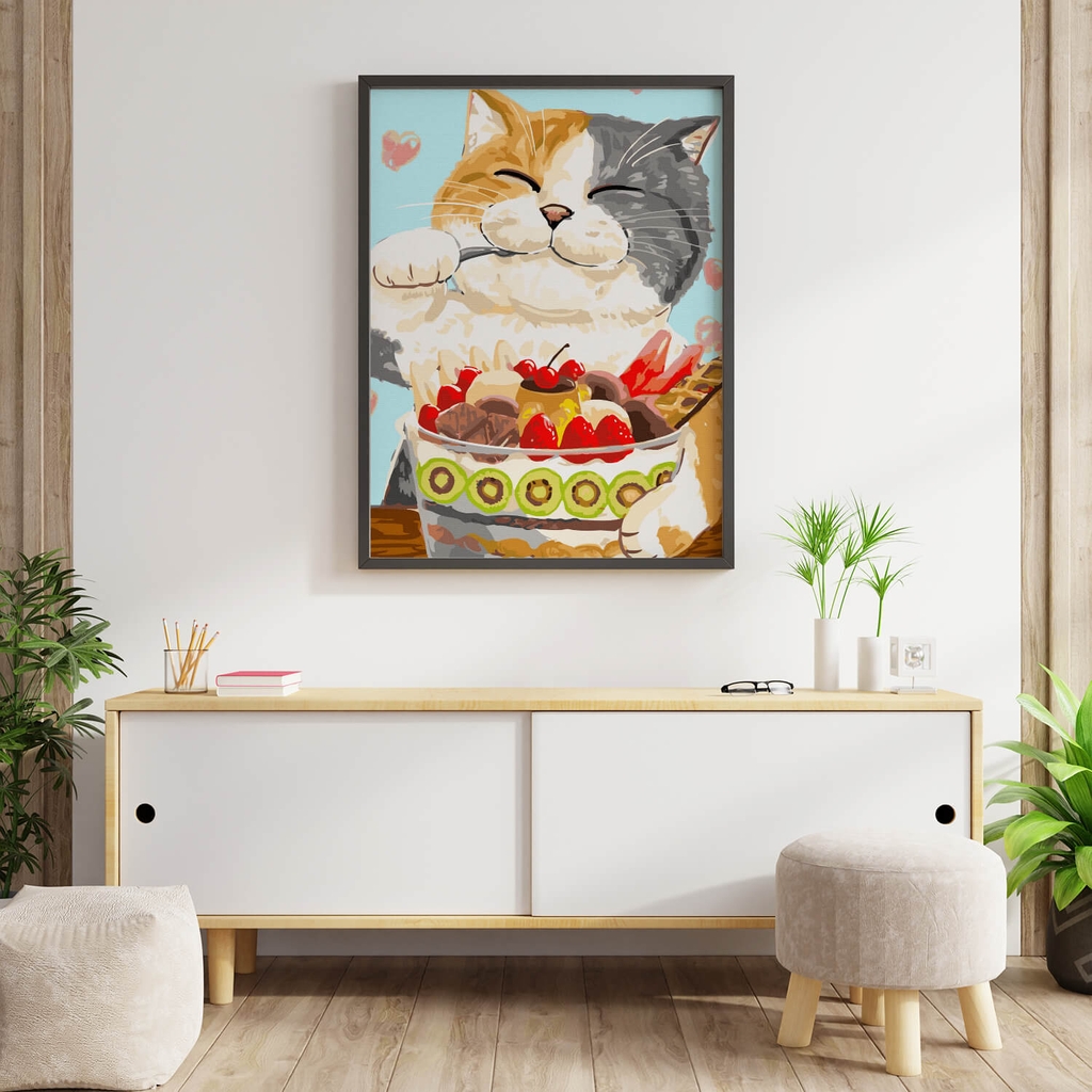 Tranh số hóa Mèo thưởng thức đã căng khung 40x50cm