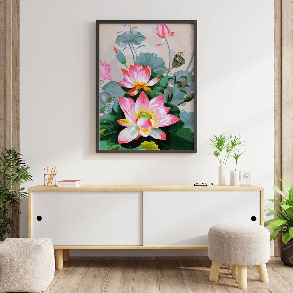Tranh số hóa Sen hồng tỏa hương đã căng khung 40x50cm