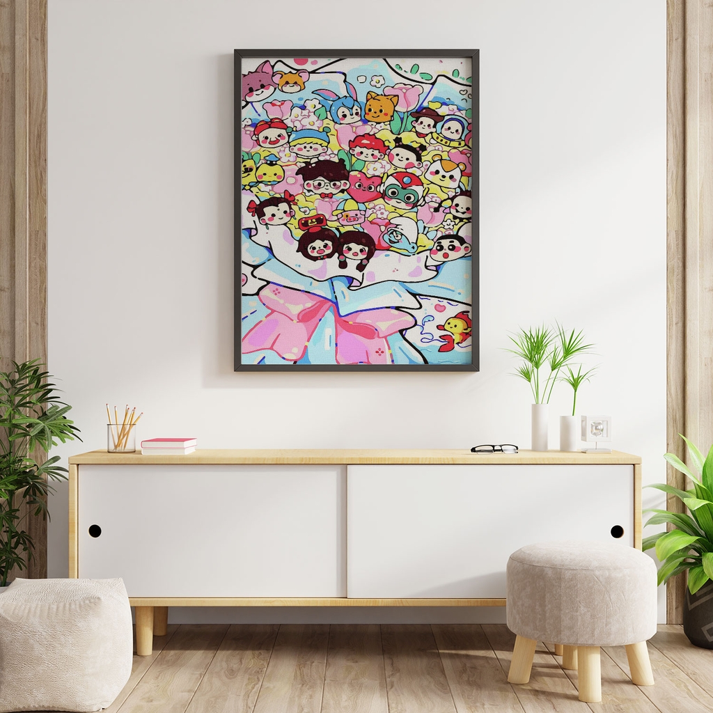 Tranh số hóa Bó hoa Sticker xanh đã căng khung 40x50cm