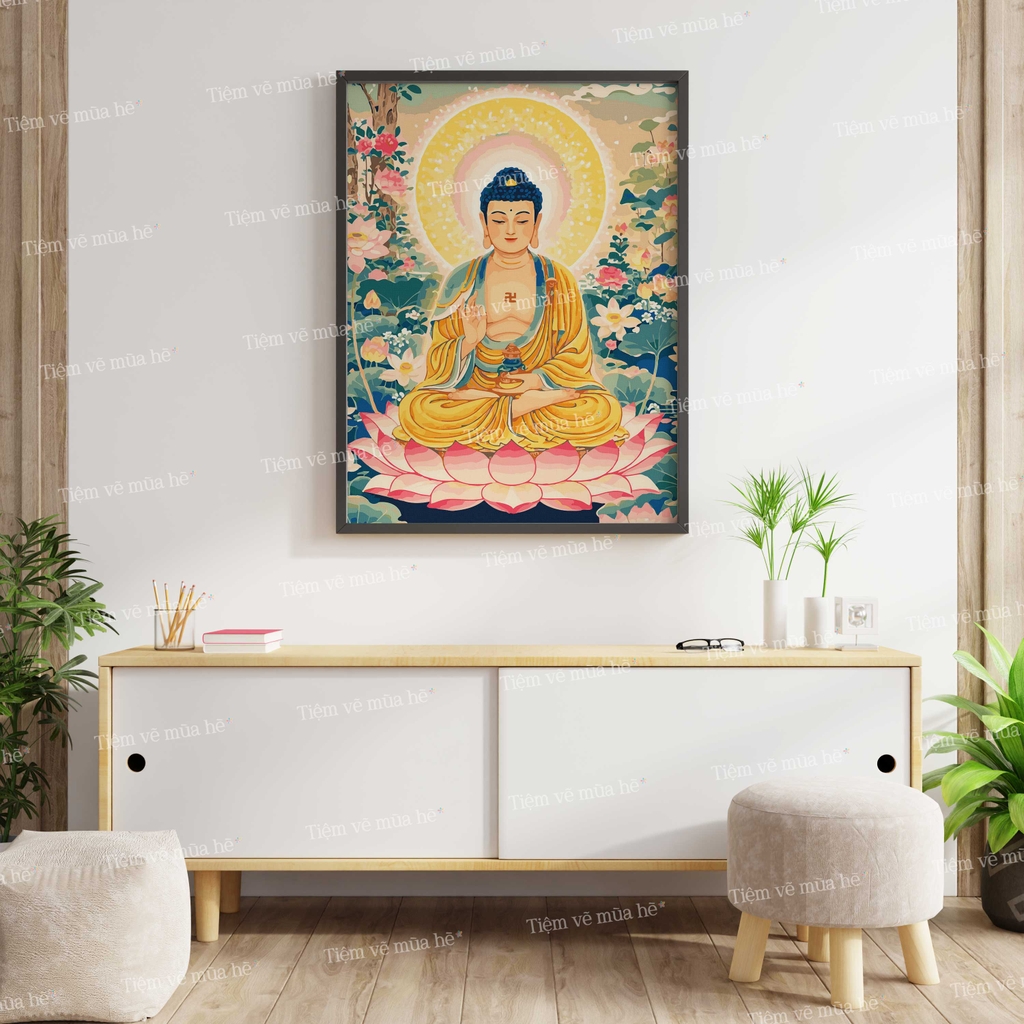 Tranh số hóa Đức Phật Vô Lượng Thọ A Di Đà đã căng khung 40x50cm